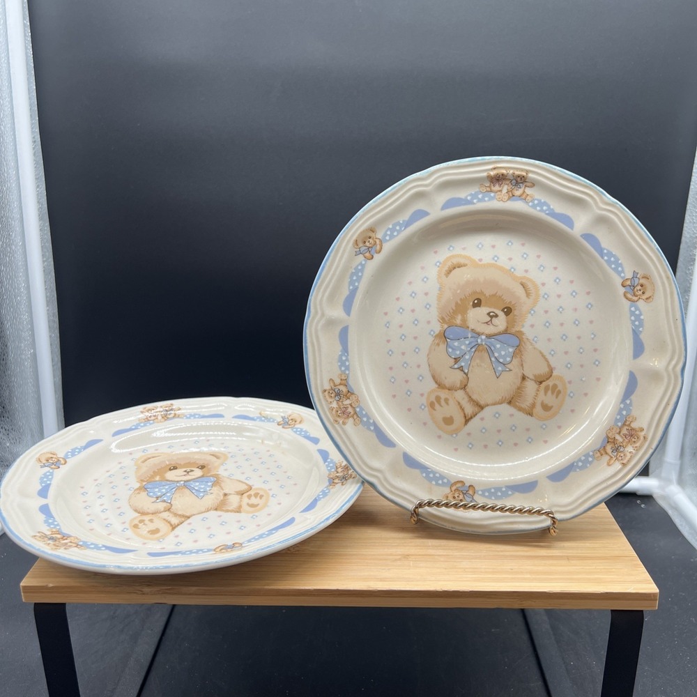2 VTG Tienshan Theodore Country Bear Stoneware Salad Plates 7-1/2"